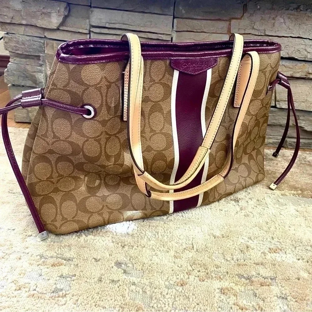 Coach Brown and Burgundy Signature Tote Bag